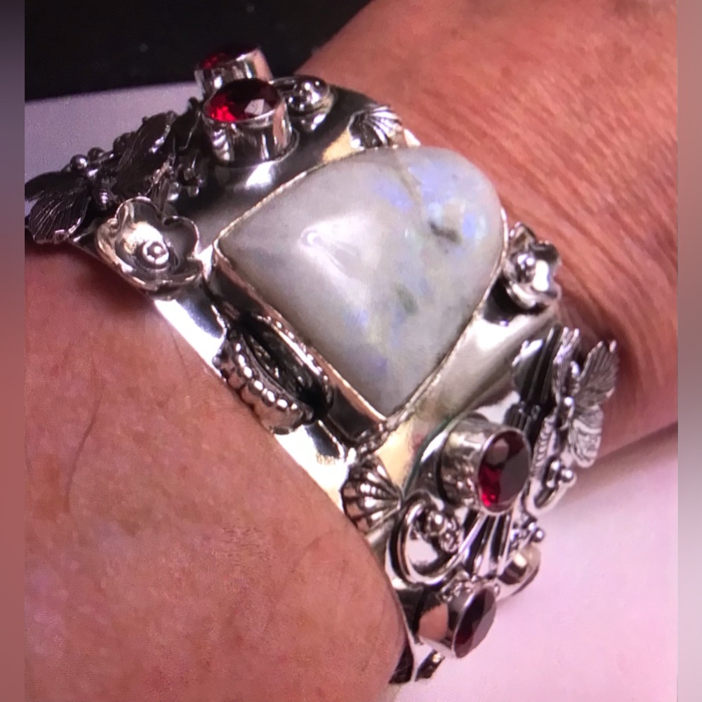 Rainbow Moonstone Garnet Stamped Solid 925 Sterling Silver Cuff Bracelet